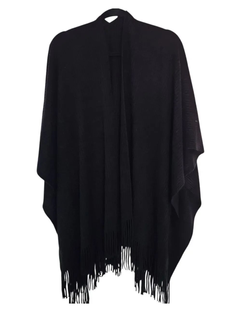 Unbranded Fringe Shawl Wrap Black Open Front One Size NWOT